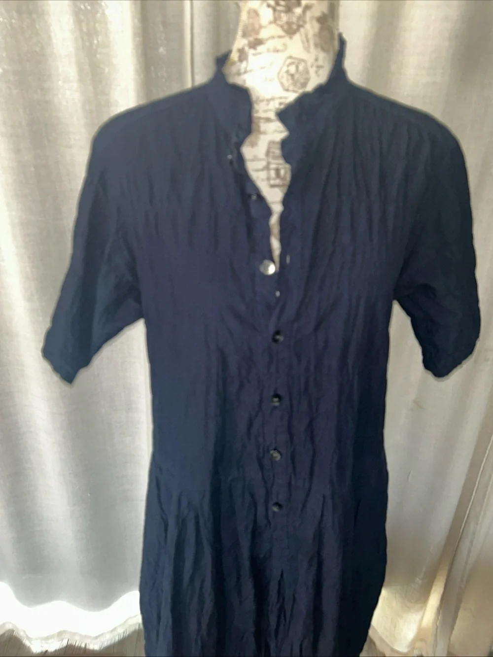 Pas De Calais Navy Blue Crinkle Button Front Midi Dress Size 40 US M - Picture 2 of 9